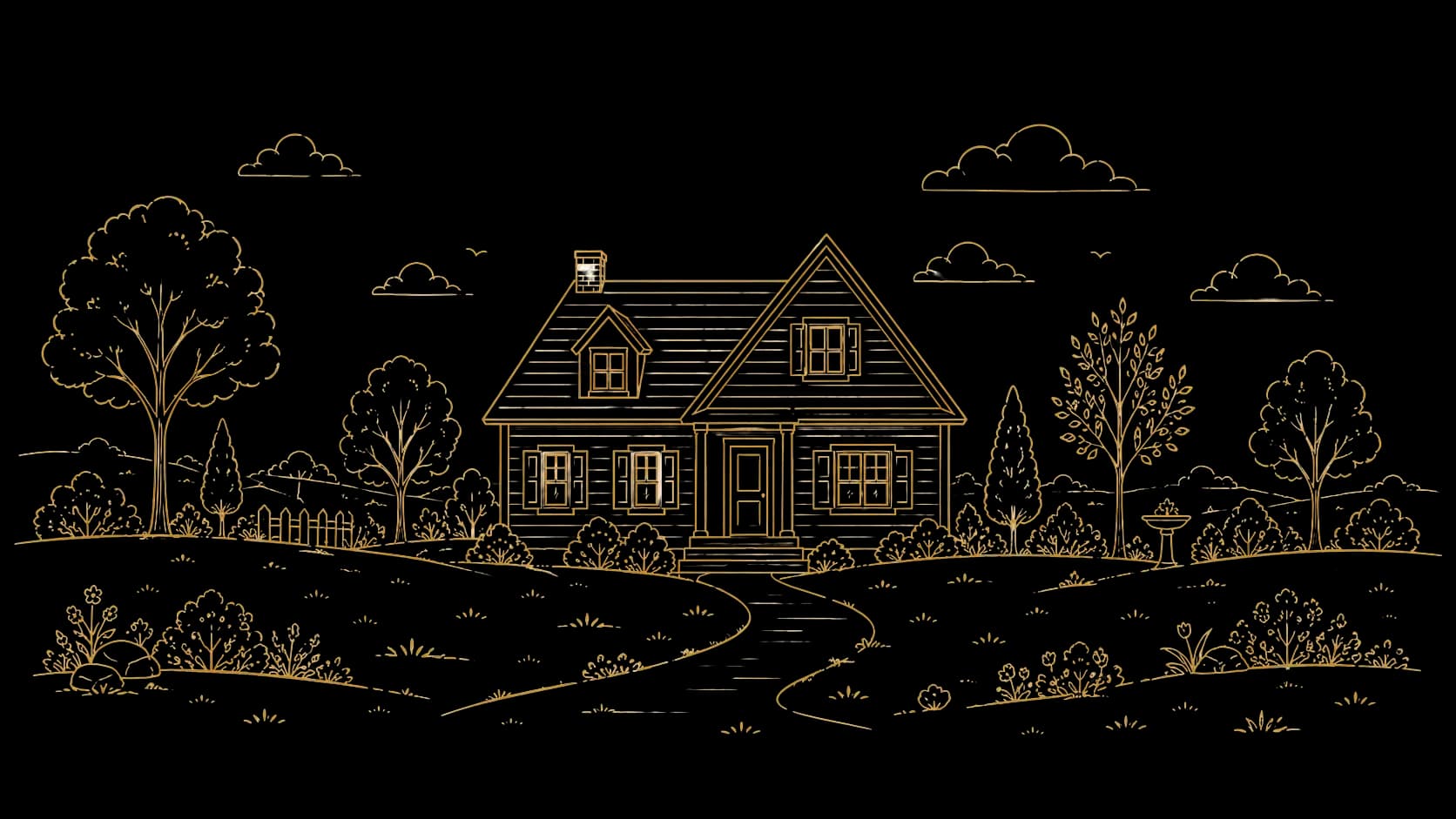 Golden line illustration: a charming house with a path amidst a tree-filled landscape.
