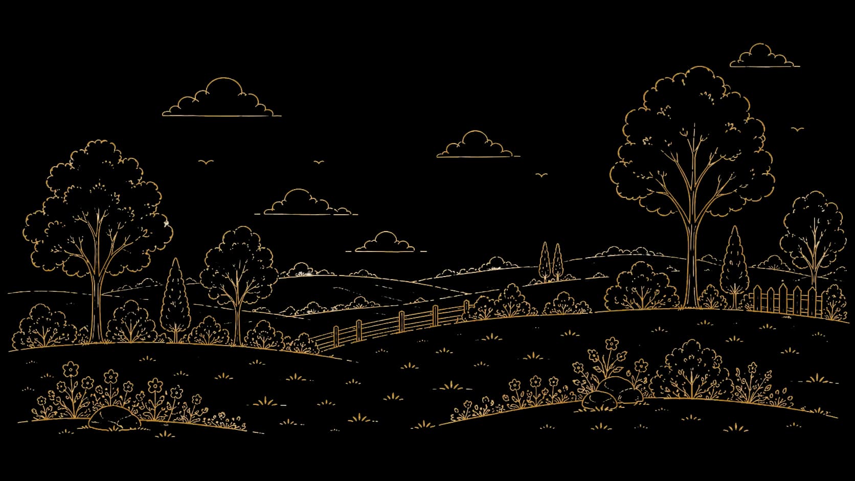 Golden line art illustration of a serene rolling landscape with trees and distant clouds.