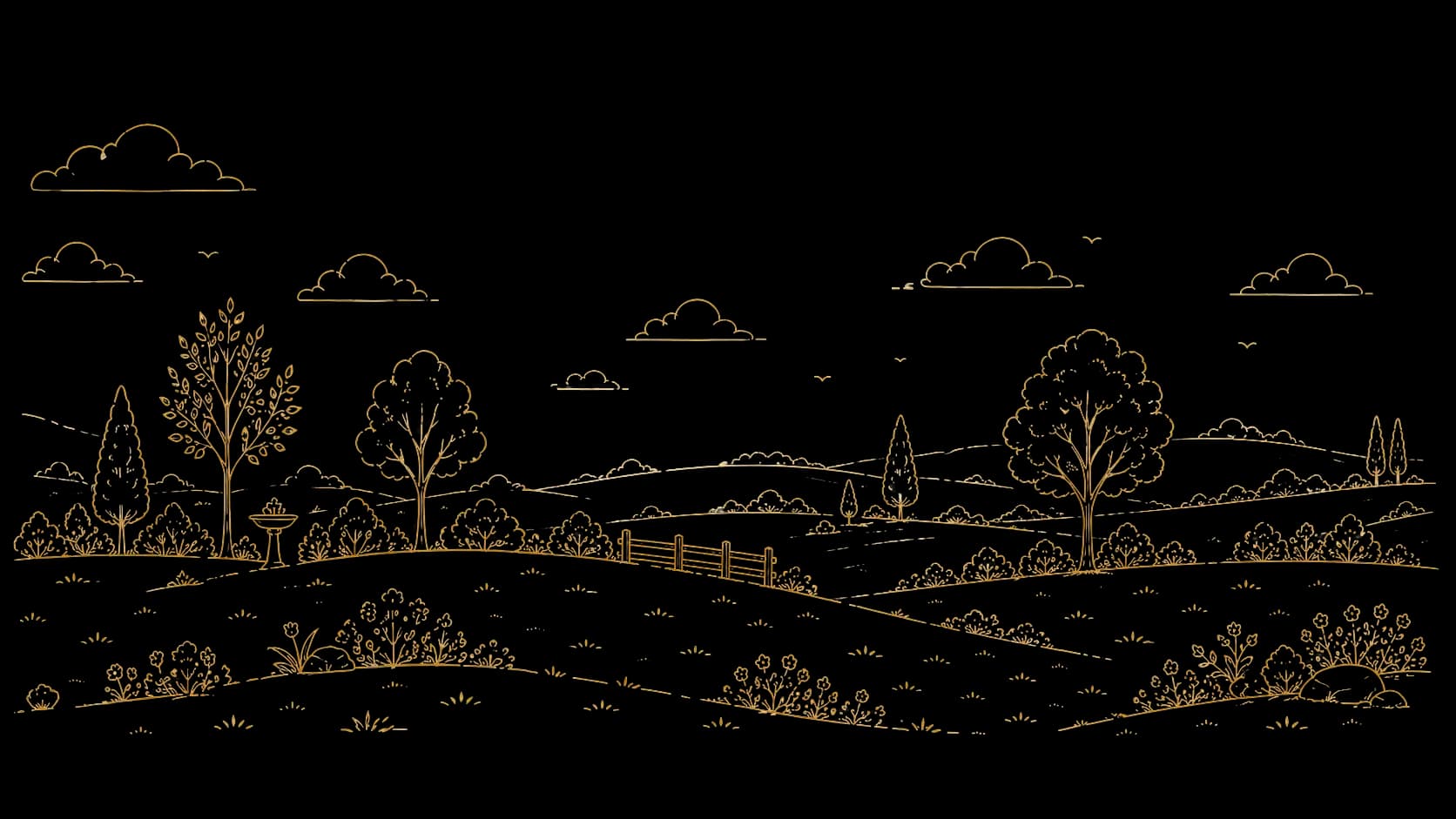 Golden outline drawing of a tranquil rural landscape featuring various trees and bushes.