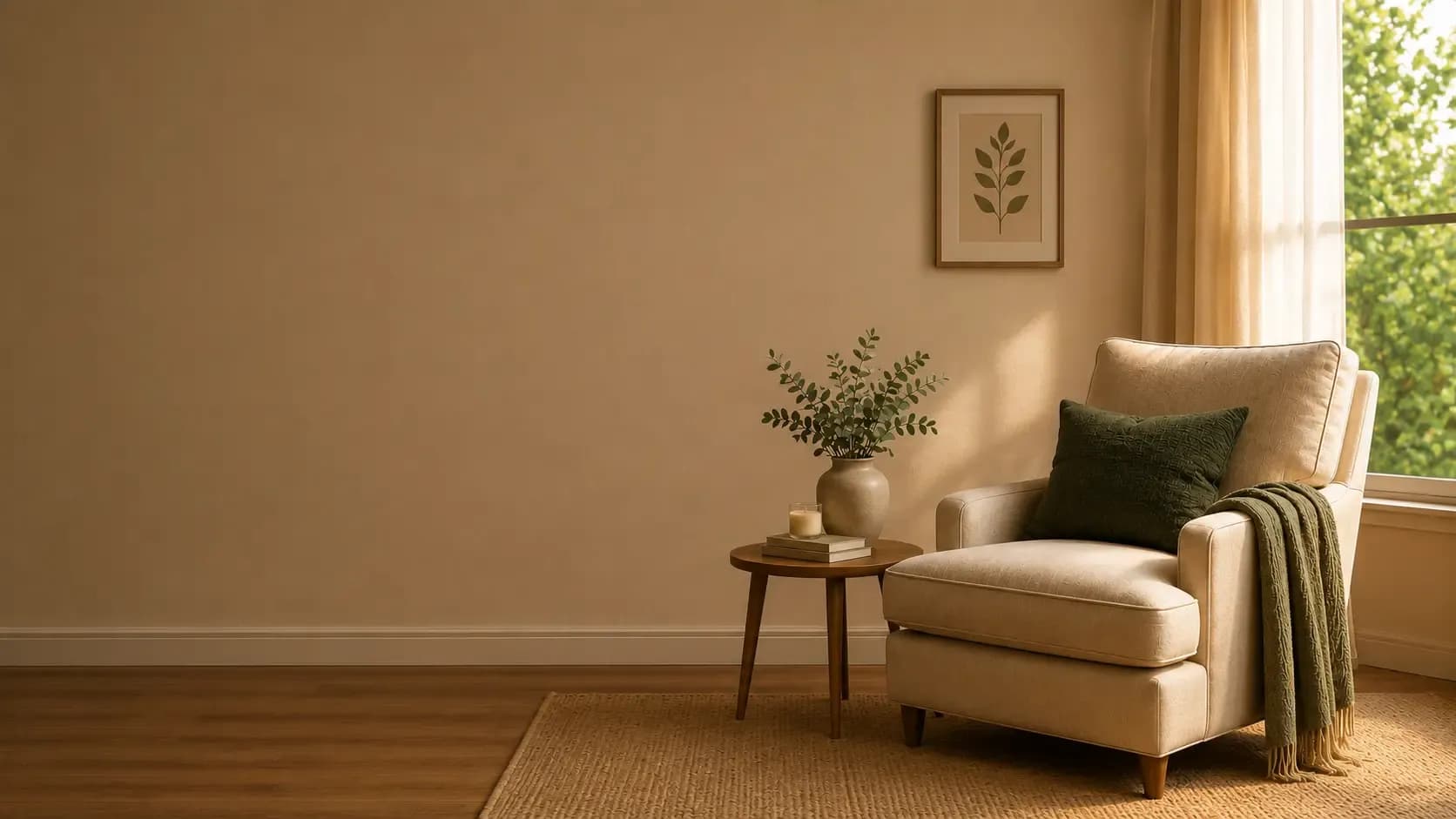 Cream armchair by sunlit window with a side table, plant, and framed botanical art.